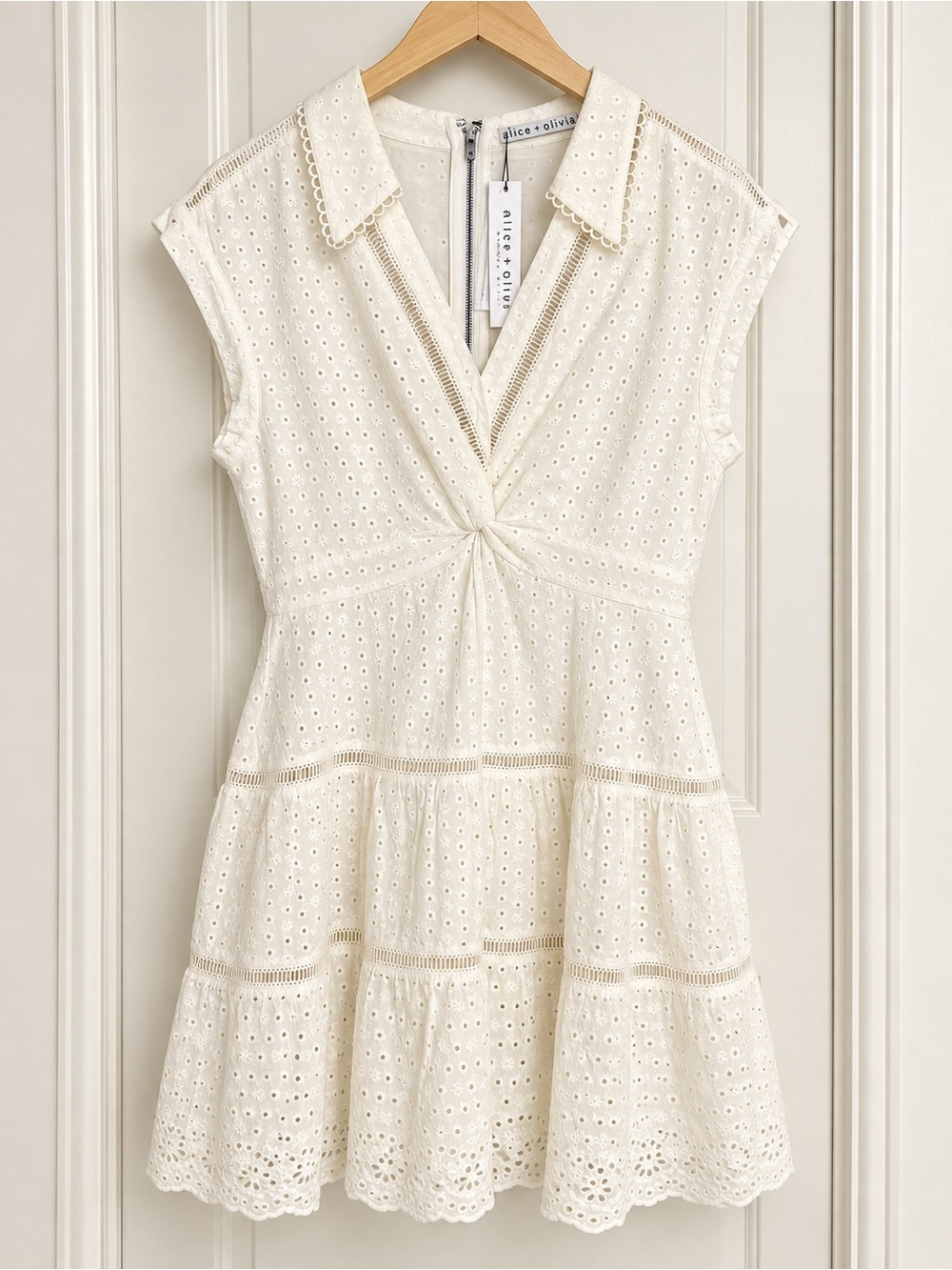 Alice + Olivia Cream Eyelet Knot-Front Collared Mini Dress